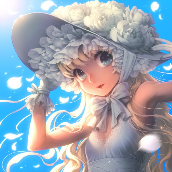 Anime picture 1200x1200 with original kayu single long hair looking at viewer open mouth blue eyes blonde hair girl dress gloves flower (flowers) bow hat white gloves