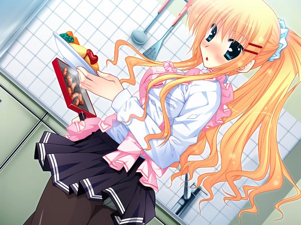Anime picture 1024x768 with narikiri bakappuru! long hair blush blue eyes light erotic blonde hair game cg ponytail girl food apron