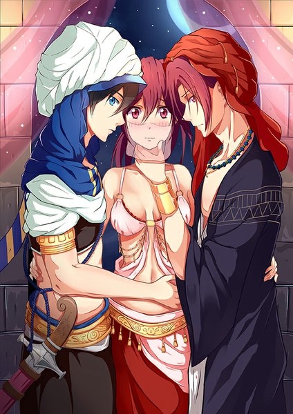 Anime picture 600x848 with free! kyoto animation matsuoka rin nanase haruka (free!) matsuoka gou liu guniang long hair tall image looking at viewer blush short hair black hair red eyes standing red hair profile lips multiple boys bare belly alternate costume