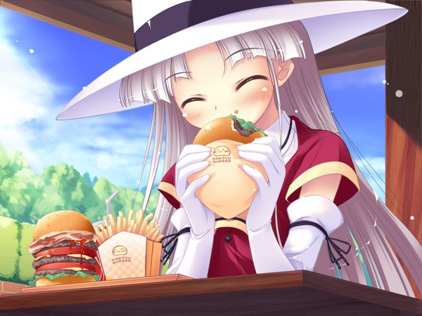 Anime picture 1610x1210 with happiness windmill (company) shikimori ibuki long hair highres sky cloud (clouds) eyes closed eating gloves hat elbow gloves