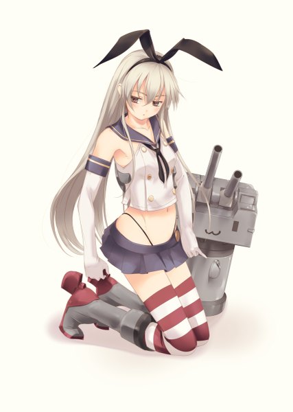 Anime picture 855x1200 with kantai collection shimakaze destroyer rensouhou-chan kirishima satoshi single long hair tall image blush simple background white background brown eyes white hair girl thighhighs gloves navel bow weapon hair bow miniskirt
