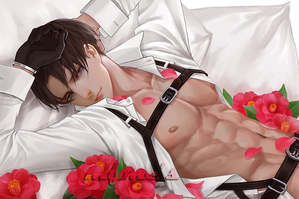 Anime picture 950x633 with shingeki no kyojin production i.g levi (rivaille) myme1 single short hair blue eyes light erotic brown hair looking away nipples realistic open shirt groin arm behind head hand on head muscle boy navel flower (flowers)