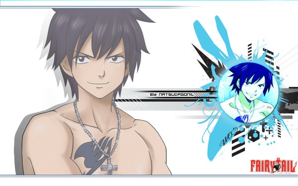 Anime picture 1280x800 with fairy tail gray fullbuster natsudrgonil single short hair black hair smile wide image white background inscription grey eyes tattoo coloring muscle boy cross