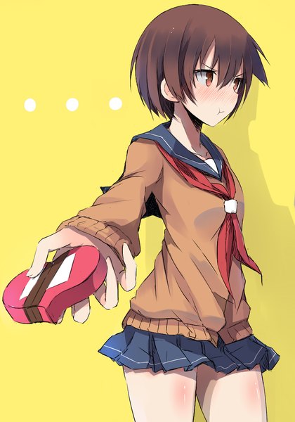 Anime picture 800x1142 with saki miyanaga saki nao (qqqbb) single tall image blush simple background brown hair brown eyes looking away outstretched arm yellow background valentine girl skirt uniform serafuku heart sweater gift