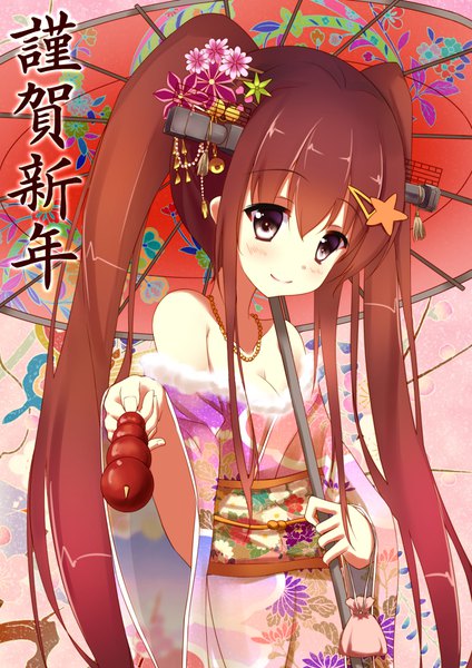 Anime picture 707x1000 with kantai collection yamato super battleship suzuame yatsumi single long hair tall image looking at viewer blush fringe smile hair between eyes brown hair twintails holding cleavage hair flower wide sleeves grey eyes fur trim floral print