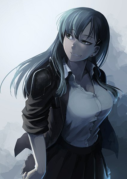 Anime picture 744x1051 with kantai collection suzuya heavy cruiser hetza (hellshock) single long hair tall image fringe breasts black hair simple background smile large breasts green eyes looking away open collar twisty sleeves girl skirt gloves earrings