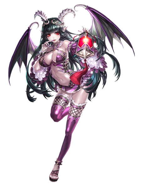 Anime picture 1500x2000 with original bbbox (hotpppink) single long hair tall image fringe breasts light erotic smile red eyes large breasts standing full body nail polish horn (horns) fingernails green hair pointy ears finger to mouth transparent background