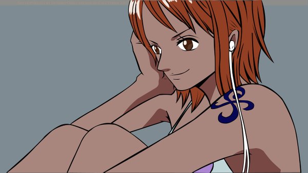 Anime picture 2667x1503 with one piece toei animation nami (one piece) single highres short hair wide image sitting bare shoulders brown eyes orange hair tattoo girl headphones
