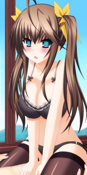 Anime picture 2000x4000 with infinite stratos 8bit fang linyin toyokawa itsuki (p mayuhime) long hair tall image blush highres breasts blue eyes light erotic brown hair large breasts twintails underwear only solo focus girl thighhighs boy underwear