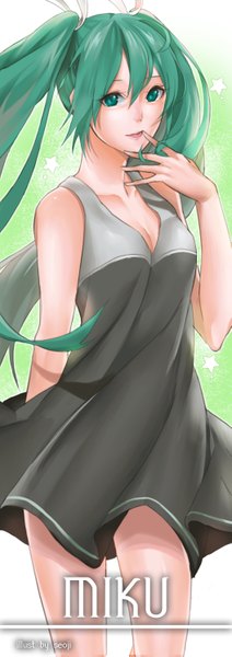 Anime picture 2105x5953 with vocaloid hatsune miku single long hair tall image fringe highres breasts smile cleavage aqua eyes light smile lips aqua hair alternate costume sleeveless shiny skin finger to mouth girl dress