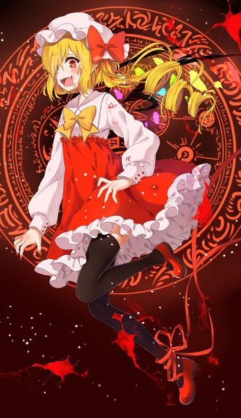 Anime picture 2141x3700 with touhou flandre scarlet transistor (poppy) single long hair tall image looking at viewer blush fringe highres short hair open mouth blonde hair smile red eyes full body long sleeves nail polish fingernails hair over one eye