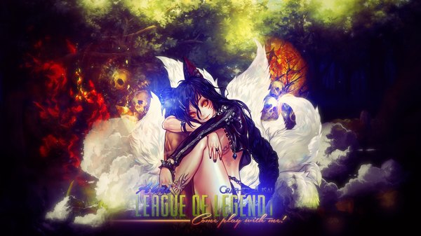 Anime picture 1920x1080 with league of legends ahri (league of legends) xxajisaixx single long hair looking at viewer fringe highres light erotic black hair hair between eyes wide image animal ears tail braid (braids) nail polish animal tail no bra orange eyes tattoo
