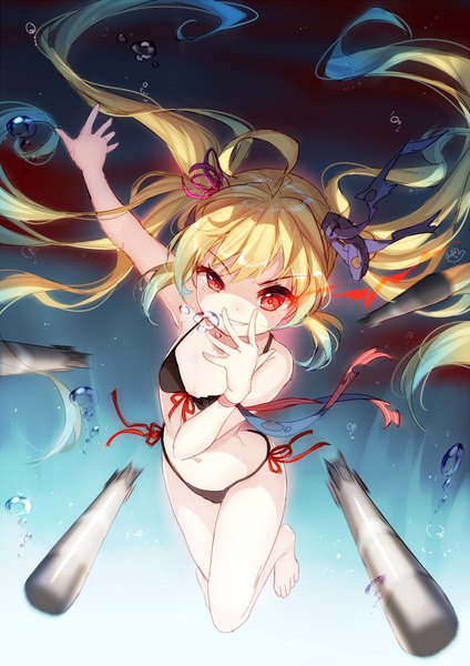 Anime picture 800x1131 with warship girls r albacore (warship girls r) bison cangshu single long hair tall image looking at viewer light erotic blonde hair smile red eyes twintails full body ahoge glowing shaded face glowing eye (eyes) underwater girl swimsuit