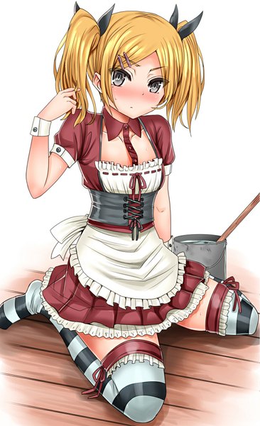 Anime picture 640x1049 with shirobako p.a. works yano erika inu (marukome) single tall image looking at viewer blush short hair light erotic blonde hair twintails maid grey eyes girl thighhighs uniform hair ornament bobby pin striped thighhighs
