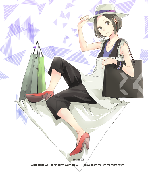 Anime picture 1030x1200 with perfume (group) ayano omoto (nocchi) yoshito (u10) single tall image looking at viewer short hair sitting black eyes inscription high heels dark hair girl hat earrings shoes bracelet headdress jewelry bag