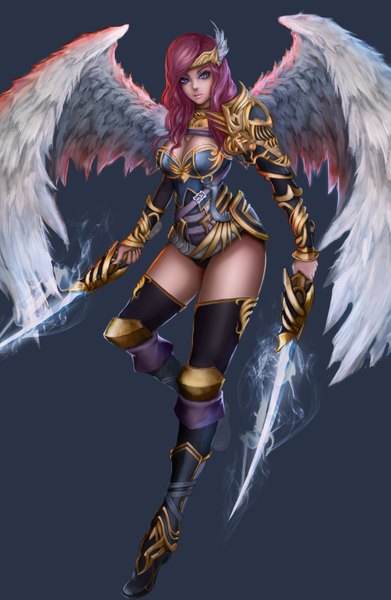 Anime picture 1864x2861 with ashirok-on (artist) single long hair tall image looking at viewer fringe highres breasts blue eyes light erotic simple background red hair lips angel wings glowing weapon girl thighhighs weapon black thighhighs sword