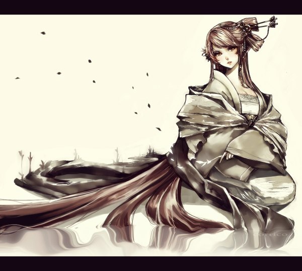 Anime picture 1349x1208 with original corrico (artist) single looking at viewer blush brown hair brown eyes very long hair traditional clothes wide sleeves chinese clothes girl hair ornament petals