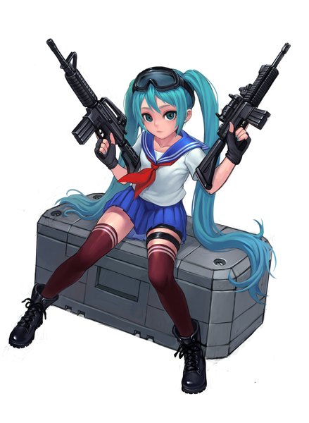 Anime picture 1000x1368 with vocaloid hatsune miku fkey single tall image looking at viewer blue eyes simple background white background sitting very long hair pleated skirt aqua hair goggles on head girl thighhighs skirt gloves weapon miniskirt