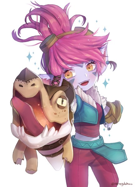 Anime picture 722x1000 with league of legends tristana (league of legends) hanato (seonoaiko) single tall image short hair simple background smile white background animal ears pink hair orange eyes fantasy goggles on head girl goggles dragon clothes