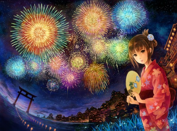 Anime picture 2480x1836 with original kemi neko highres short hair brown hair brown eyes sky japanese clothes scenic fireworks girl hair ornament flower (flowers) water kimono star (stars) obi fan