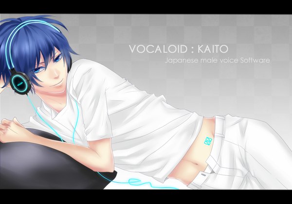Anime picture 2000x1400 with vocaloid kaito (vocaloid) moco 315 single highres short hair blue eyes smile blue hair inscription midriff tattoo reclining boy navel headphones