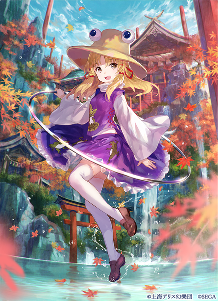 Anime picture 667x920 with touhou moriya suwako fuzichoco single long hair tall image looking at viewer open mouth blonde hair holding brown eyes sky full body bent knee (knees) :d wind wide sleeves autumn architecture east asian architecture