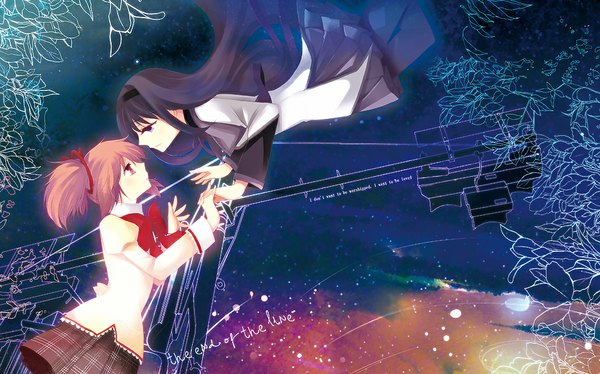 Anime picture 1054x658 with mahou shoujo madoka magica shaft (studio) akemi homura kaname madoka teramoto kaoru long hair short hair black hair red eyes wide image purple eyes multiple girls pink hair holding hands face to face girl 2 girls serafuku hairband