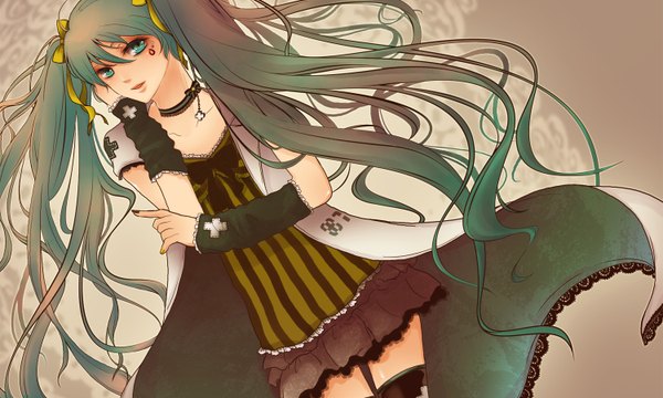 Anime picture 1500x900 with vocaloid hatsune miku long hair wide image twintails green eyes girl dress ribbon (ribbons) detached sleeves collar