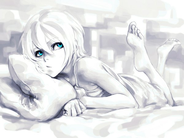 Anime picture 1024x768 with original iwai ryo single short hair simple background white background lying barefoot aqua eyes monochrome soles girl pillow chemise
