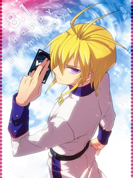 Anime picture 1000x1329 with cardfight!! vanguard souryuu leon yamaki suzume single tall image looking at viewer short hair blonde hair purple eyes ahoge from above happy birthday boy card (cards)