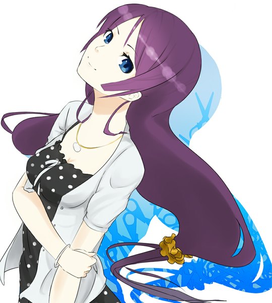 Anime picture 900x1000 with bakemonogatari shaft (studio) monogatari (series) senjougahara hitagi kurono (nagato-to) single long hair tall image looking at viewer blue eyes simple background smile white background payot purple hair from above polka dot girl bracelet pendant