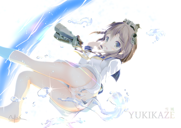 Anime picture 1920x1360 with kantai collection yukikaze destroyer waisshu (sougyokyuu) single long hair blush highres light erotic brown hair white background yellow eyes parted lips looking back inscription legs character names finger to mouth girl hair ornament underwear