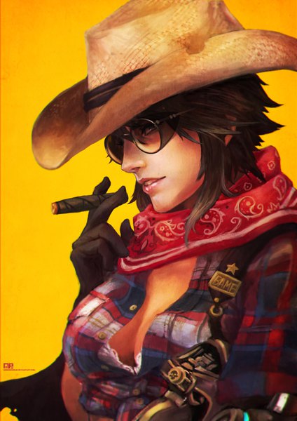 Anime picture 2480x3508 with overwatch blizzard entertainment mccree (overwatch) monori rogue single tall image looking at viewer highres short hair light erotic brown hair signed cleavage upper body profile arm up realistic yellow background partially open clothes genderswap