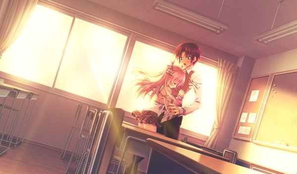 Anime picture 1024x600 with houkago kitchen long hair blush short hair open mouth blonde hair wide image green eyes game cg red hair couple evening sunset classroom girl boy uniform school uniform