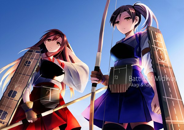Anime picture 1035x733 with kantai collection kaga aircraft carrier akagi aircraft carrier akabane rin long hair fringe short hair brown hair standing multiple girls holding brown eyes sky ponytail traditional clothes wide sleeves from below zettai ryouiki side ponytail miko