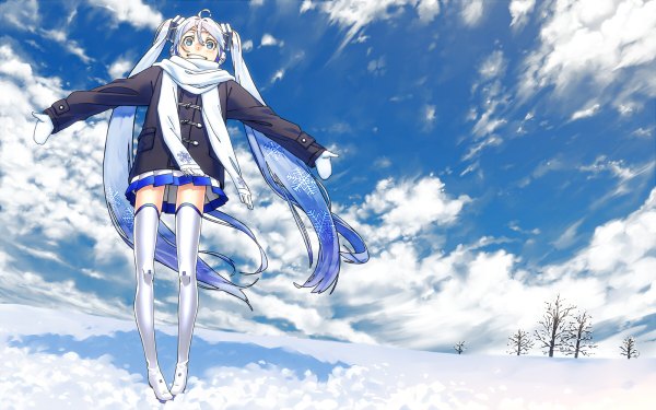 Anime picture 1200x750 with vocaloid hatsune miku yuki miku yuki miku (2011) kawazu single long hair blush blue eyes smile wide image standing twintails blue hair sky cloud (clouds) ahoge very long hair pleated skirt wind