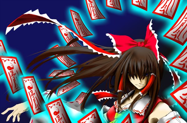 Anime picture 1517x1000 with touhou hakurei reimu uramix (pixiv) single long hair blue eyes simple background brown hair japanese clothes magic blue background girl bow ribbon (ribbons) hair bow detached sleeves