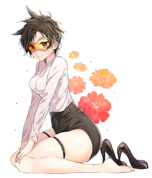 Anime picture 1259x1476 with overwatch blizzard entertainment tracer (overwatch) mikan nugu single tall image blush short hair breasts simple background smile brown hair white background sitting brown eyes full body bent knee (knees) long sleeves nail polish barefoot
