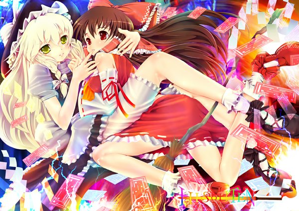 Anime picture 1000x707 with touhou hakurei reimu kirisame marisa teruru long hair blonde hair red eyes brown hair multiple girls yellow eyes game cg braid (braids) legs hug finger to mouth girl dress bow ribbon (ribbons) 2 girls