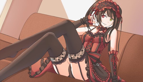 Anime picture 1280x742 with date a live tokisaki kurumi keikei (kitty colors) single long hair looking at viewer light erotic black hair wide image twintails heterochromia crossed legs pantyshot sitting girl thighhighs dress underwear panties black thighhighs detached sleeves