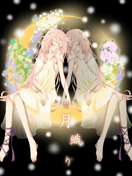 Anime picture 1200x1600 with vocaloid ia (vocaloid) long hair tall image blush pink hair eyes closed barefoot dual persona girl dress flower (flowers) ribbon (ribbons)