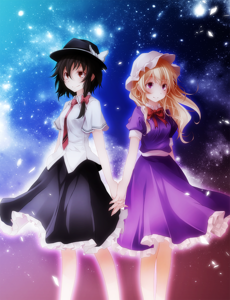 Anime picture 1151x1500 with touhou usami renko maribel hearn s-syogo tall image short hair black hair blonde hair red eyes purple eyes multiple girls holding hands space girl dress 2 girls hat necktie