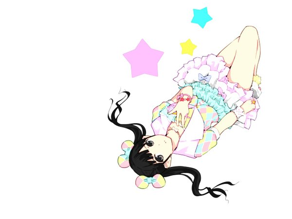 Anime picture 1280x960 with real life akb48 (group) watanabe mayu (singer) hasuo (artist) single long hair looking at viewer black hair simple background white background twintails lying grey eyes girl bow hair bow miniskirt bracelet star (symbol) pendant