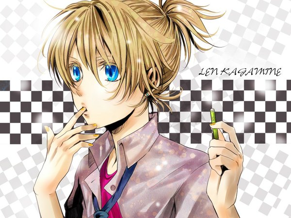 Anime picture 1024x768 with vocaloid kagamine len single short hair blue eyes blonde hair tail inscription finger to mouth checkered background boy earrings shirt necktie