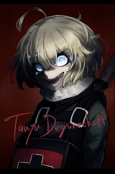 Anime picture 1096x1653 with youjo senki tanya degurechaff crazyoton46 single tall image looking at viewer fringe short hair open mouth blue eyes blonde hair simple background smile hair between eyes standing ahoge upper body inscription character names shaded face