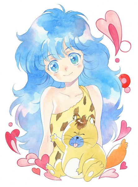 Anime picture 740x1000 with mahou no yousei persia persia agahari single long hair tall image looking at viewer blush blue eyes simple background smile white background bare shoulders blue hair traditional media watercolor (medium) oldschool 80s girl animal