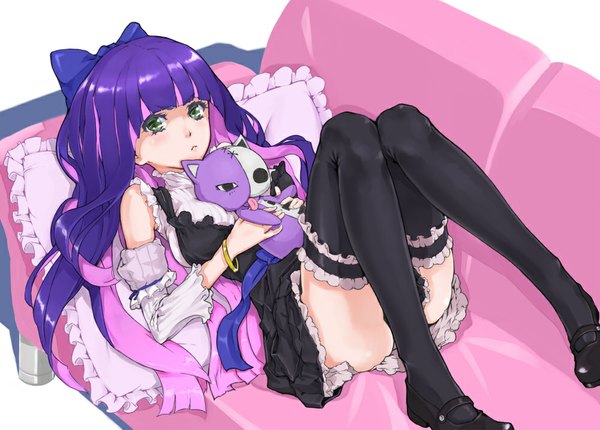 Anime picture 1000x717 with panty & stocking with garterbelt anarchy stocking yamaishi (mukoubuti) single long hair looking at viewer blush light erotic simple background white background holding green eyes pink hair purple hair lying multicolored hair colored inner hair girl thighhighs bow