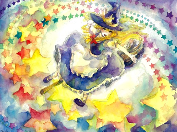 Anime picture 1614x1200 with touhou kirisame marisa nayuko single long hair blush blonde hair brown eyes traditional media watercolor (medium) girl bow hair bow star (symbol) witch hat broom