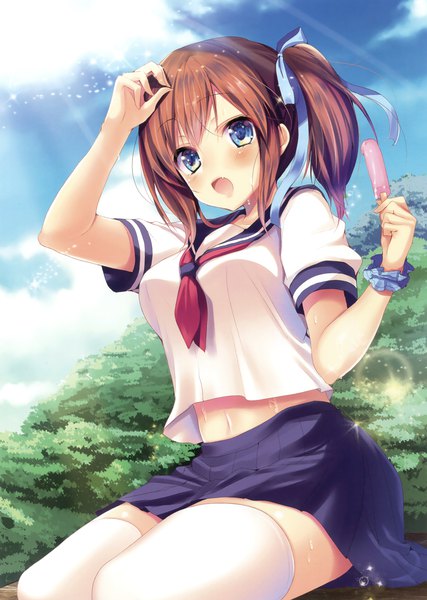 Anime picture 2494x3500 with original ayuma sayori single tall image blush highres short hair open mouth blue eyes brown hair looking away sky cloud (clouds) scan sweat side ponytail hand on head wrist scrunchie heat girl