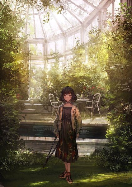 Anime picture 1000x1414 with original lm7 (op-center) single tall image looking at viewer fringe short hair black hair standing purple eyes full body open jacket wavy hair girl dress plant (plants) choker shoes jacket black dress